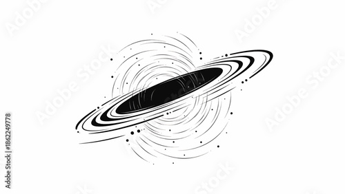 A monochrome illustration presents a black hole in space with swirling lines. Dots surround the central black ellipse. The image has a stark contrast