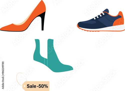 Flat vector footwear set featuring an orange high heel blue sneaker teal ankle boot and sale price tag