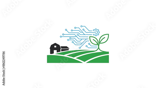 A logo illustrating agricultural technology. A barn, rolling fields, and sprouting plant are integrated with digital circuits and a gear