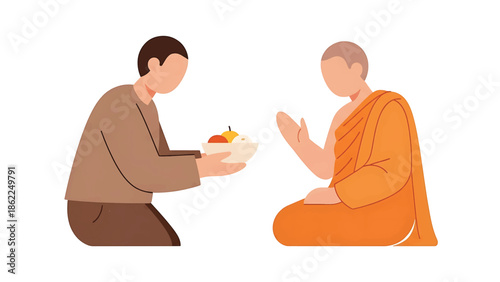 A person offers food to a robed individual who is seated. Both figures are stylized illustrations with simplified features, on a white background