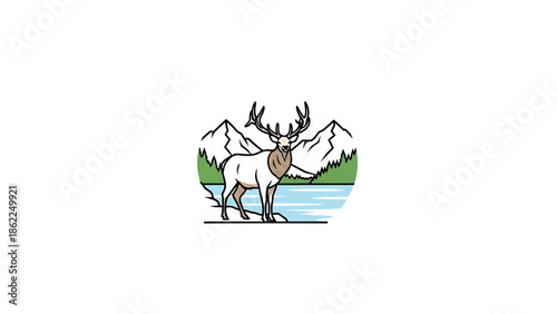 A linear illustrated emblem features a majestic elk standing by a serene lake, against a backdrop of mountainous terrain and lush evergreen forest
