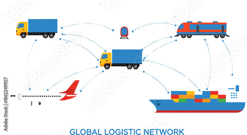 Global logistic network illustration featuring freight trucks cargo ships airplanes and trains for international supply chain transportation concepts