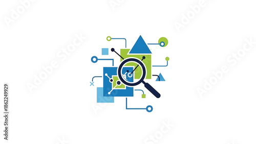 A magnifying glass examines a network of interconnected geometric shapes including squares, triangles, circles and lines, on a white background