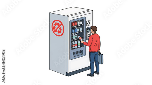 A person selects a beverage from a vending machine, while carrying a bag. The machine has recycling symbols. There is a no-recycling sign