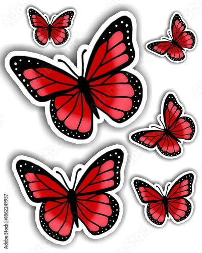 Collection of red butterfly illustrations with bold outlines and sticker style appearance. Suitable for decals, kids designs, scrapbooking, stationery, fashion prints, and playful decorative graphics.
