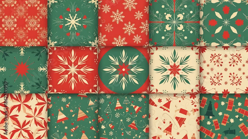 A mosaic of festive patterns, with alternating red, green, and cream squares. Snowflakes, trees, and stars fill each block, creating a cheerful, seasonal feel