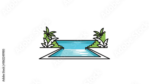 A linear illustrated pool with plants on a white backdrop, the blue water is in the foreground, and plants are on each side