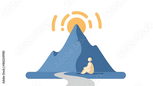 A person sits, contemplating a path leading toward a mountain, with the sun radiating behind it. Simple art style