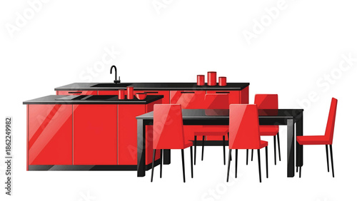 A modern kitchen and dining set illustration. It features red cabinets and chairs with black countertops and a table. A sink and various decor pieces are present