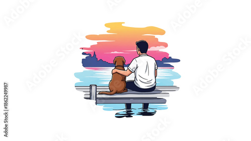 A man and dog sit together on a dock, overlooking a serene body of water with a colorful sunset in the background. Their backs are shown