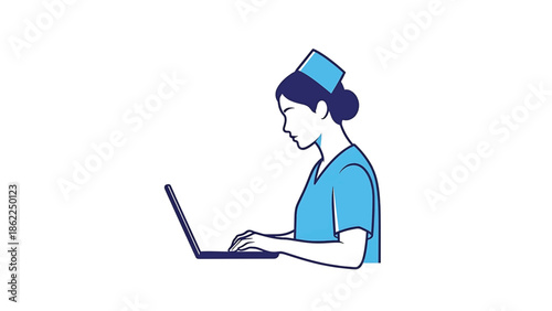 A medical professional, wearing a cap and scrubs, works intently on a laptop. The simple illustration conveys efficiency and dedication in a healthcare setting
