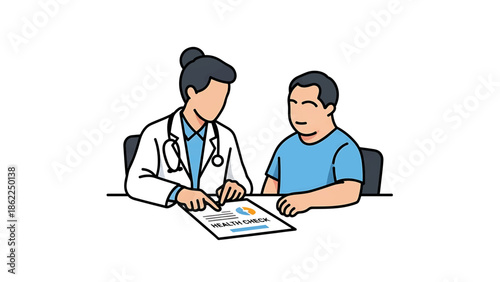A medical professional, wearing a lab coat and stethoscope, reviews a document with a patient, discussing health check results