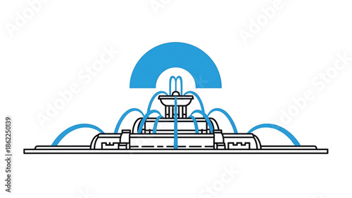 A linear illustration of an ornate fountain design featuring flowing water jets, a semi-circular element, and a stepped base
