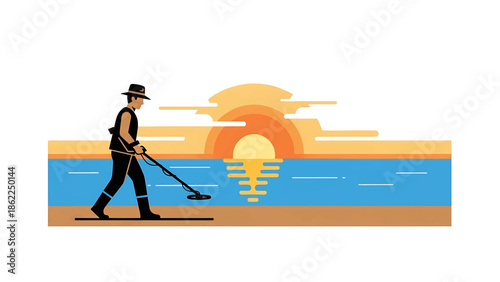 A person uses a metal detector on the beach at sunset. The stylized illustration shows the sea, sand, and sky. The composition is clean and simple
