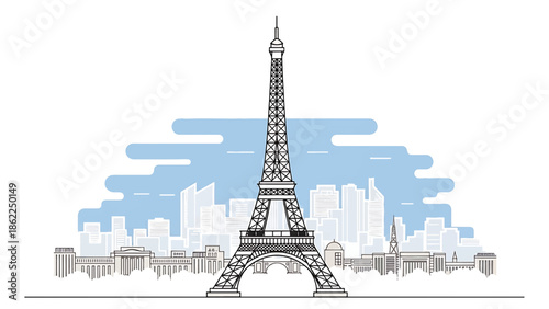 A linear illustration of an iconic tower dominating a city skyline. The sky is a light blue with cloud shapes. Various buildings surround the main structure