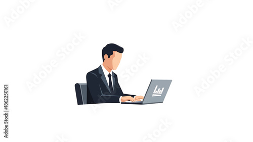 A man in a suit is sitting at a desk, typing on a laptop with a data chart on the screen. The background is white