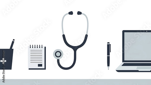 A medical theme illustration with a stethoscope, laptop, pen, notebook, and a cup with a cross symbol. A clean, minimalist design