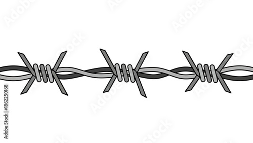 A linear illustration of barbed wire, composed of gray tones against a white background. Features spikes and tightly wrapped wire segments