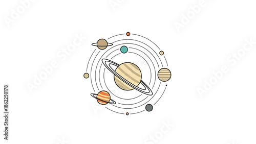A minimalist illustration of a solar system with planets orbiting around the sun on a white background. Each planet is a different color