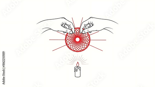 A linear illustration of hands crafting a circular web, red lines radiating outwards and a candle below, all on a white background