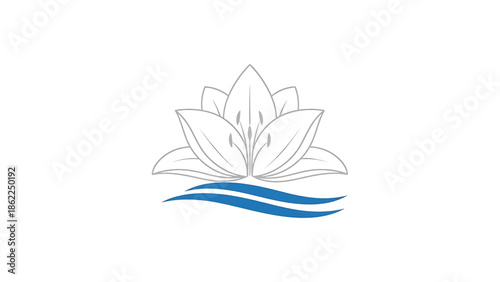 A minimalist illustration of a stylized flower atop blue curved lines, possibly representing water. It's rendered in subtle shades