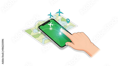A person uses a smartphone with a map displaying a travel route, accompanied by airplane symbols and a location pin. A hand is touching the device screen
