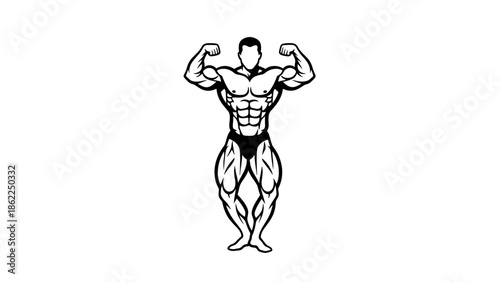 A muscular bodybuilder flexing, rendered in a simple black and white outline. The figure is posed to showcase physique