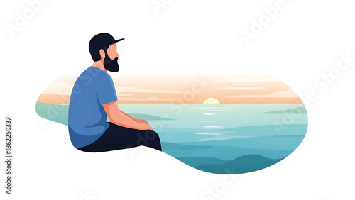 A man with a beard, wearing a hat and blue shirt, is sitting and looking at the sunset over the sea. The scene is oval shaped