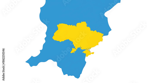 A map depicting a nation and surrounding landmasses in yellow and blue against a white background, representing geopolitical boundaries