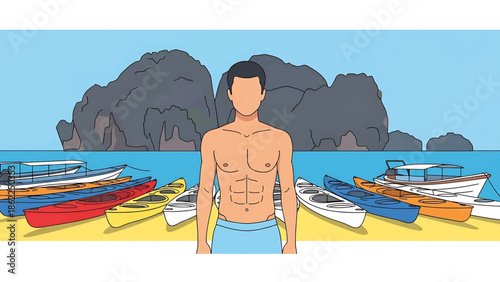A muscular man stands on a beach in front of various boats and kayaks. Behind him are islands, and blue sea under a blue sky