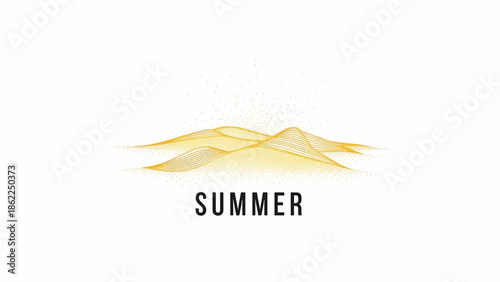 A minimalist illustration of abstract dunes composed of golden lines. The word "SUMMER" appears below in bold black font against a white backdrop