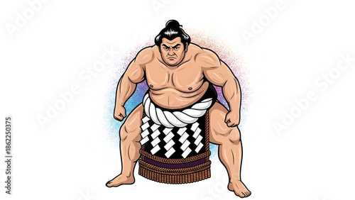 A muscular illustration of a sumo wrestler, with a stern expression, facing forward. The wrestler is clad in traditional attire