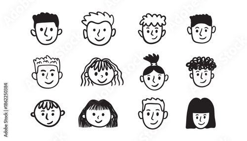 Kids faces portraits set. freehand kids pencil drawing elements. Comic child funny doodle faces set.