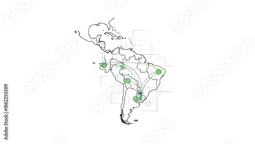 A map of South America with interconnected circles and lines depicting various connections. The graphics are simple, using thin black lines, and green details