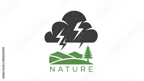 A natural scene logo featuring mountains, a pine tree, a stormy cloud with lightning, and the word "NATURE.