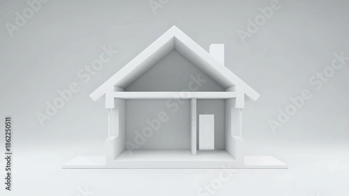 A minimalist architectural cutaway model of a home, rendered in white against a grey backdrop, showcasing structure