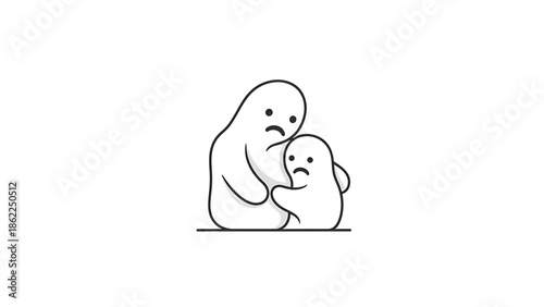 A minimalist illustration of two abstract, ghost-like figures with sad expressions, one embracing the other in comfort