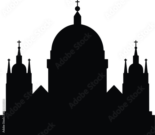 Silhouette of a grand domed cathedral with twin spires, representing religious architecture and historical landmarks