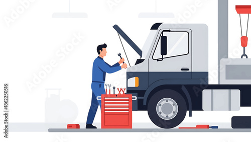 A mechanic in blue overalls, working on a commercial truck in a workshop, tools in a red toolbox are beside him