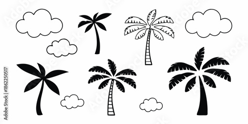 Simple black and white illustration featuring tropical palm trees and fluffy clouds
