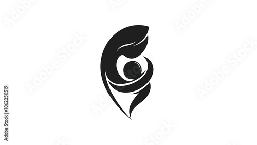 A monochromatic emblem featuring a stylized abstract representation of a mother cradling a child. The imagery is flowing, simple and elegant