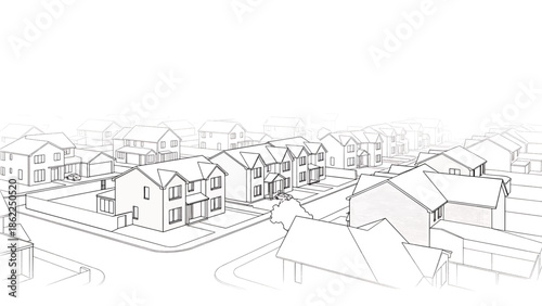 A linear sketch depicts a residential neighborhood with houses and driveways. The houses, in varying sizes, line the streets, suggesting a suburban layout. Car details are minimal