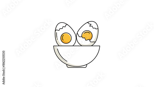 A minimalist illustration of two hard-boiled eggs, one cracked open, resting in a white bowl against a plain white background