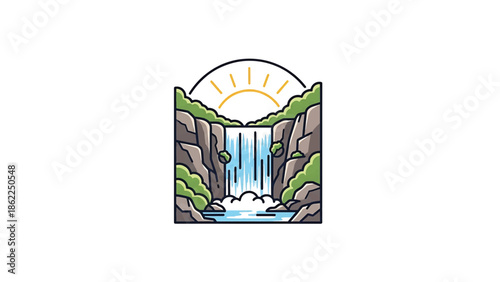 A linear style illustration of a waterfall framed by rocky cliffs with green foliage. The sun shines above. Clean, minimalist design