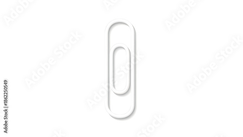 A minimalist image of a white paperclip with a subtle shadow, set against a pure white background. The clean design focuses on simplicity and shape