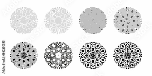 An arrangement of eight circular patterns with varying densities and textures