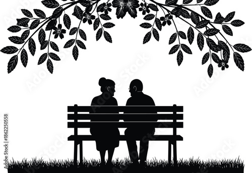 Elderly couple silhouette sitting on park bench under leafy branches, lifelong love, companionship and peaceful senior romance illustration