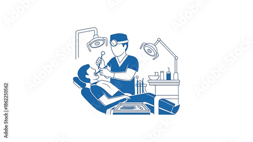 A medical illustration depicting a dentist examining a patient in a dental chair, with overhead lights and tools. The scene evokes a clinical setting