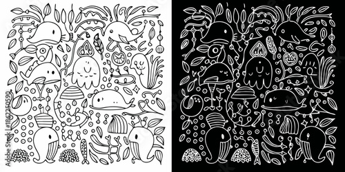 Whimsical doodle art featuring adorable monster and plant like creatures