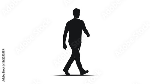 A monochrome depiction of a person walking, rendered as a silhouette against a white background. The figure is in motion, with legs and arms moving